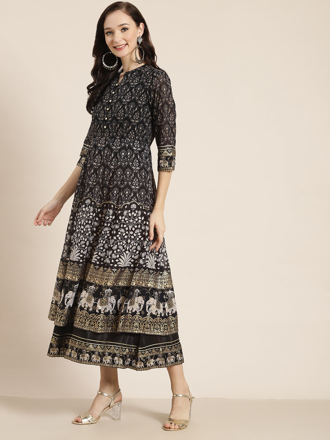 Black Georgette Printed Flared Dress
