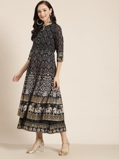 Black Georgette Printed Flared Dress