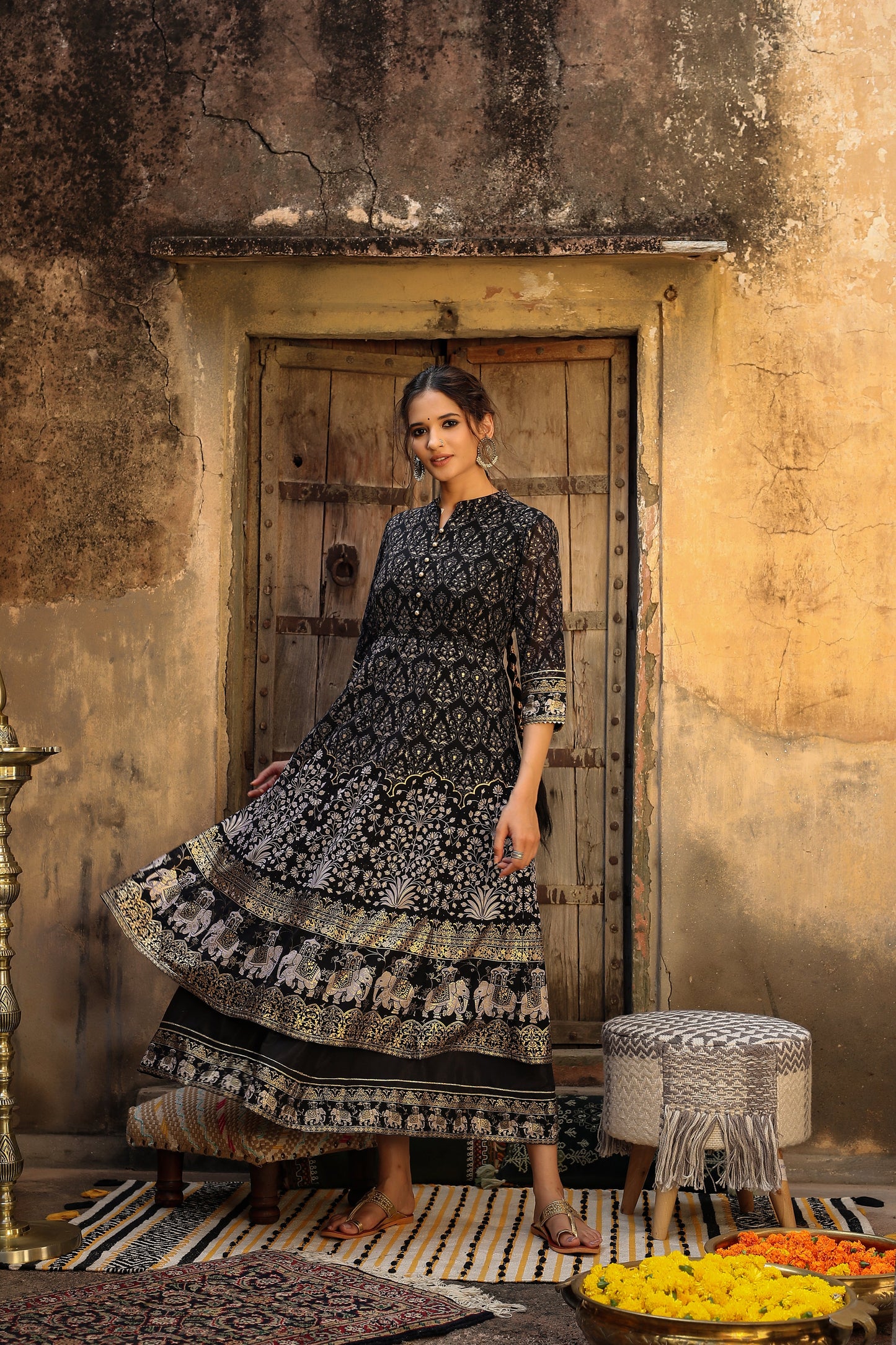 Black Georgette Printed Flared Dress