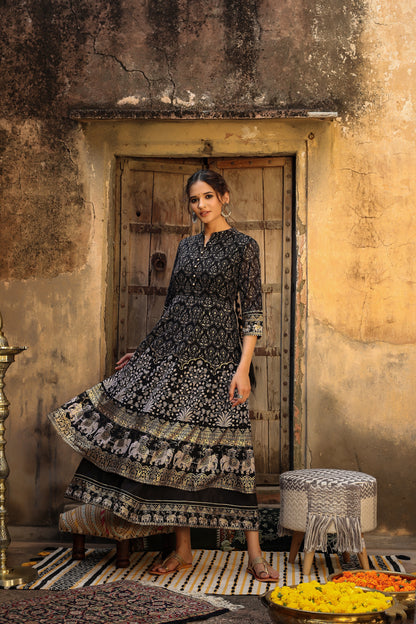 Black Georgette Printed Flared Dress