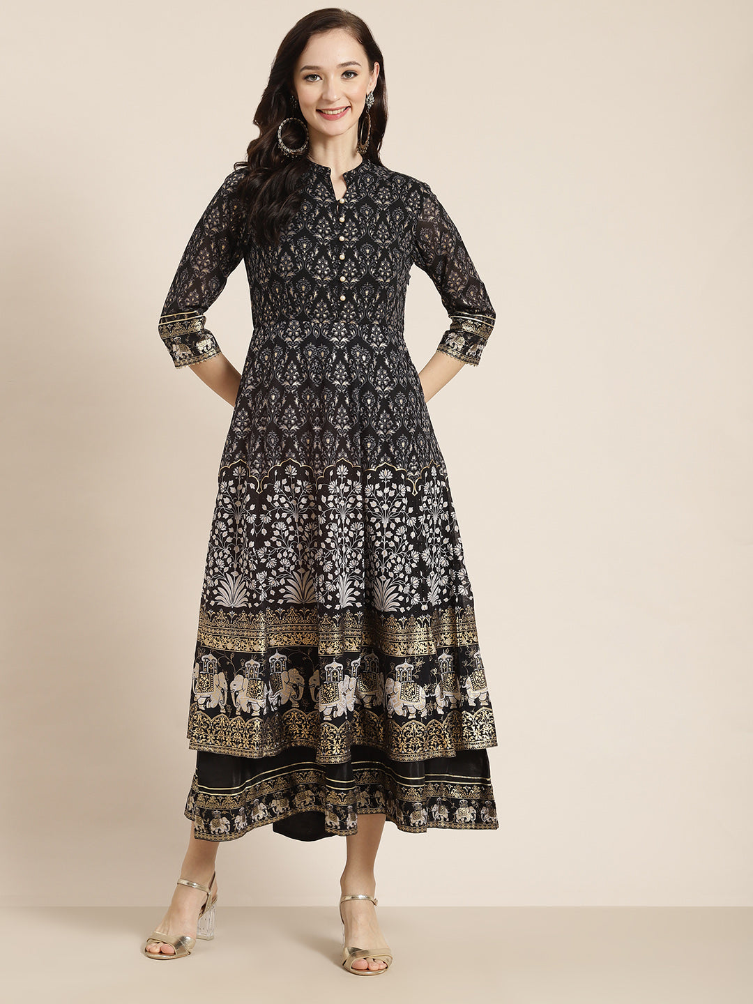 Black Georgette Printed Flared Dress