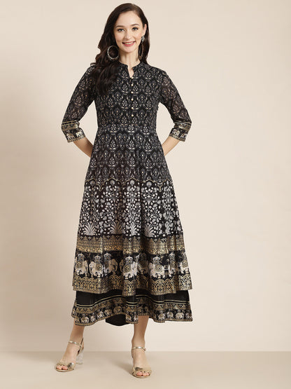 Black Georgette Printed Flared Dress