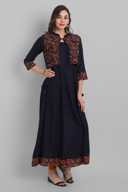 Navy Rayon Printed Flared Dress