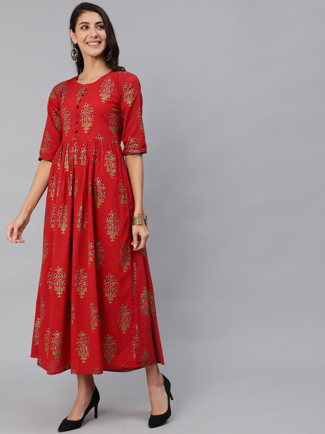 Women Red & Gold Printed Maxi Dress With Three Quarter Sleeves