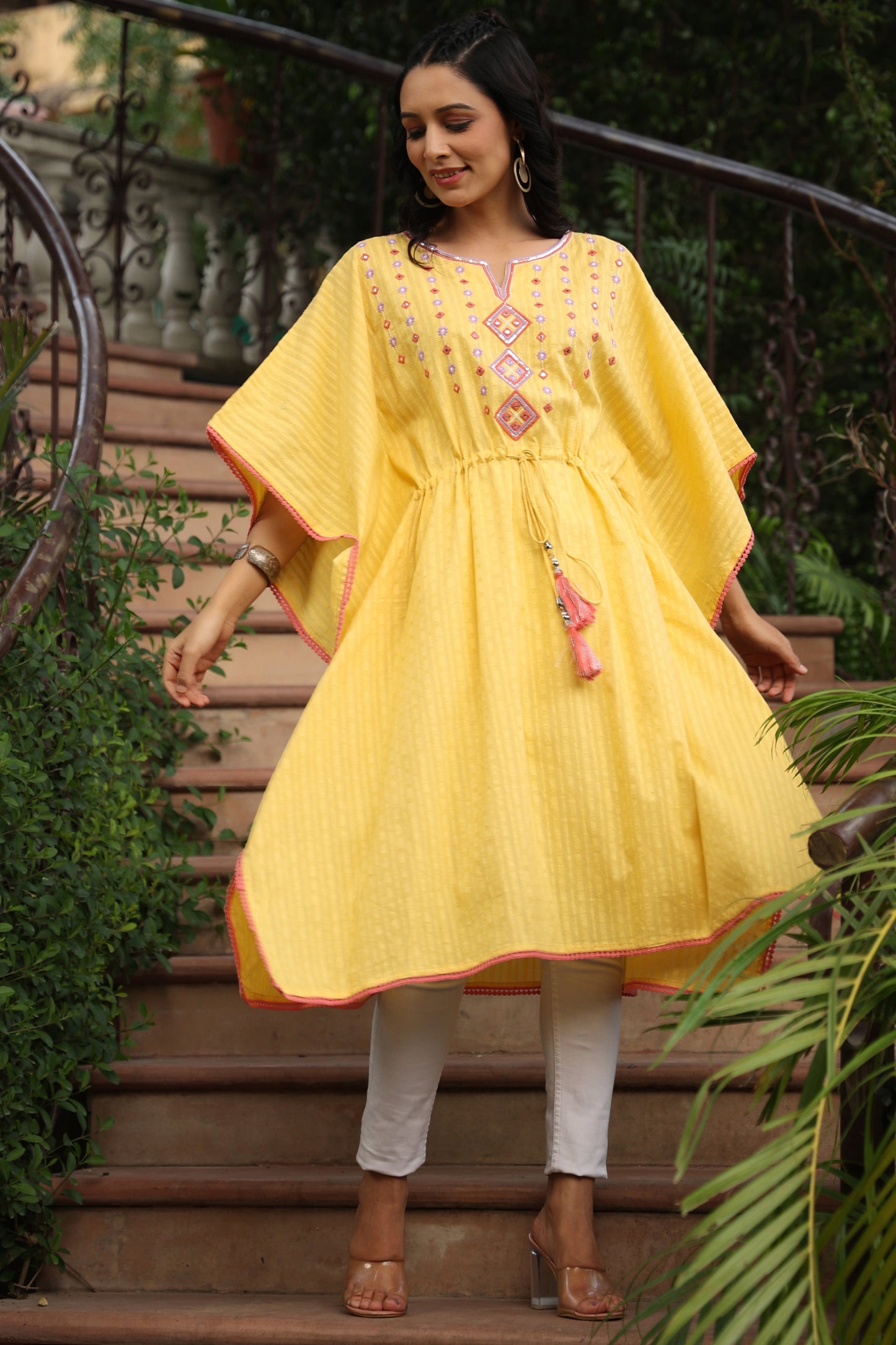 Yellow Cotton Dobby Embroidered Straight Kaftan