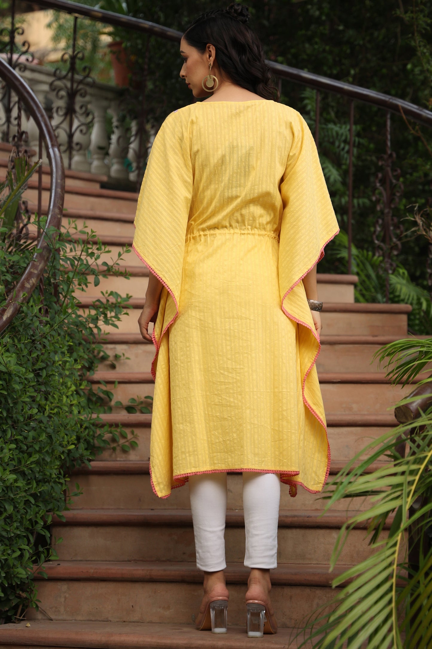 Yellow Cotton Dobby Embroidered Straight Kaftan