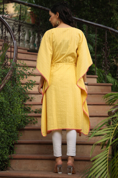 Yellow Cotton Dobby Embroidered Straight Kaftan