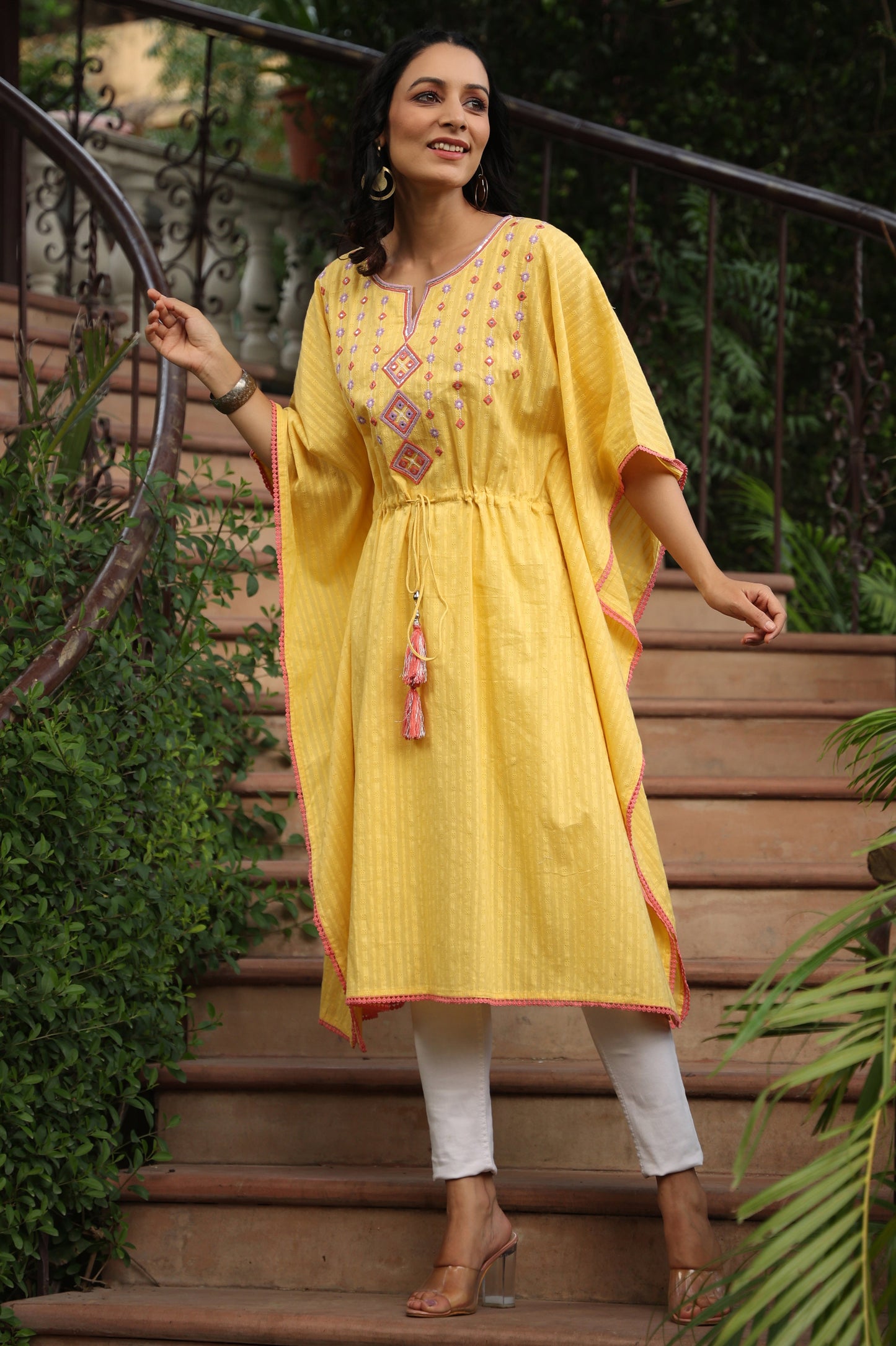 Yellow Cotton Dobby Embroidered Straight Kaftan