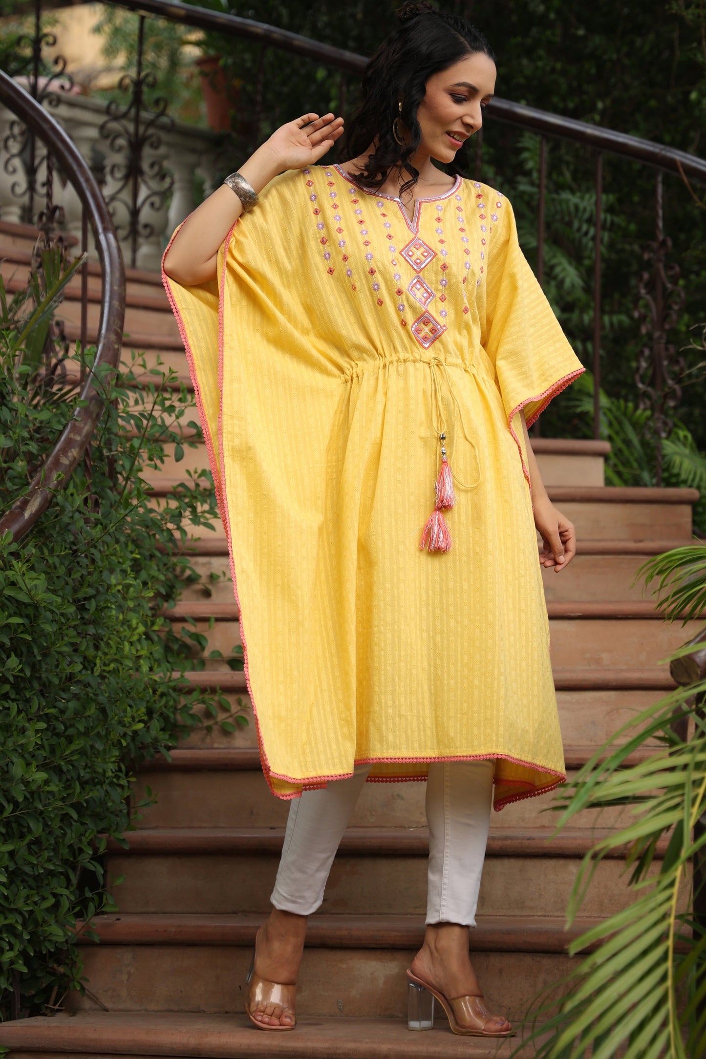 Yellow Cotton Dobby Embroidered Straight Kaftan