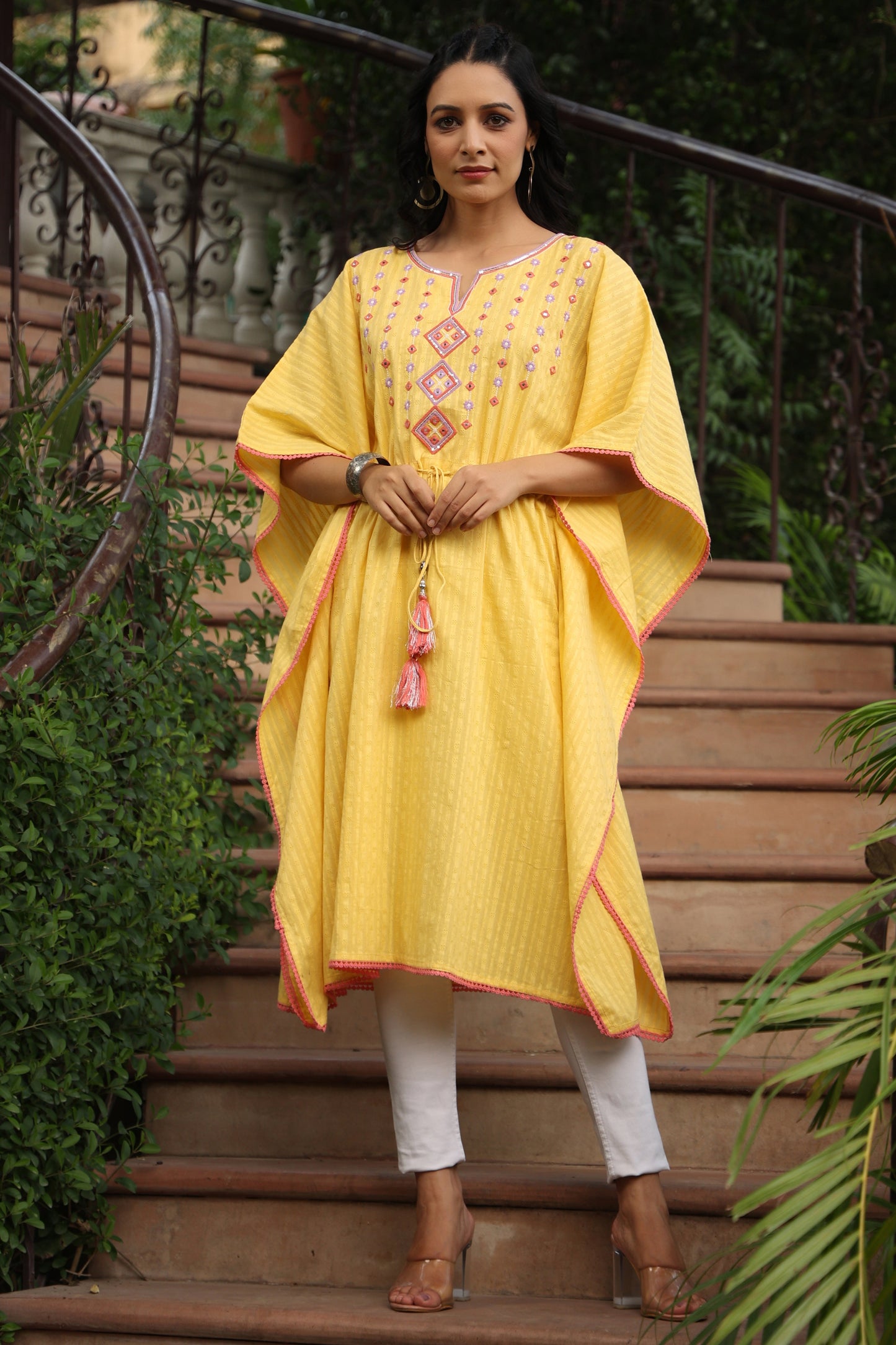 Yellow Cotton Dobby Embroidered Straight Kaftan
