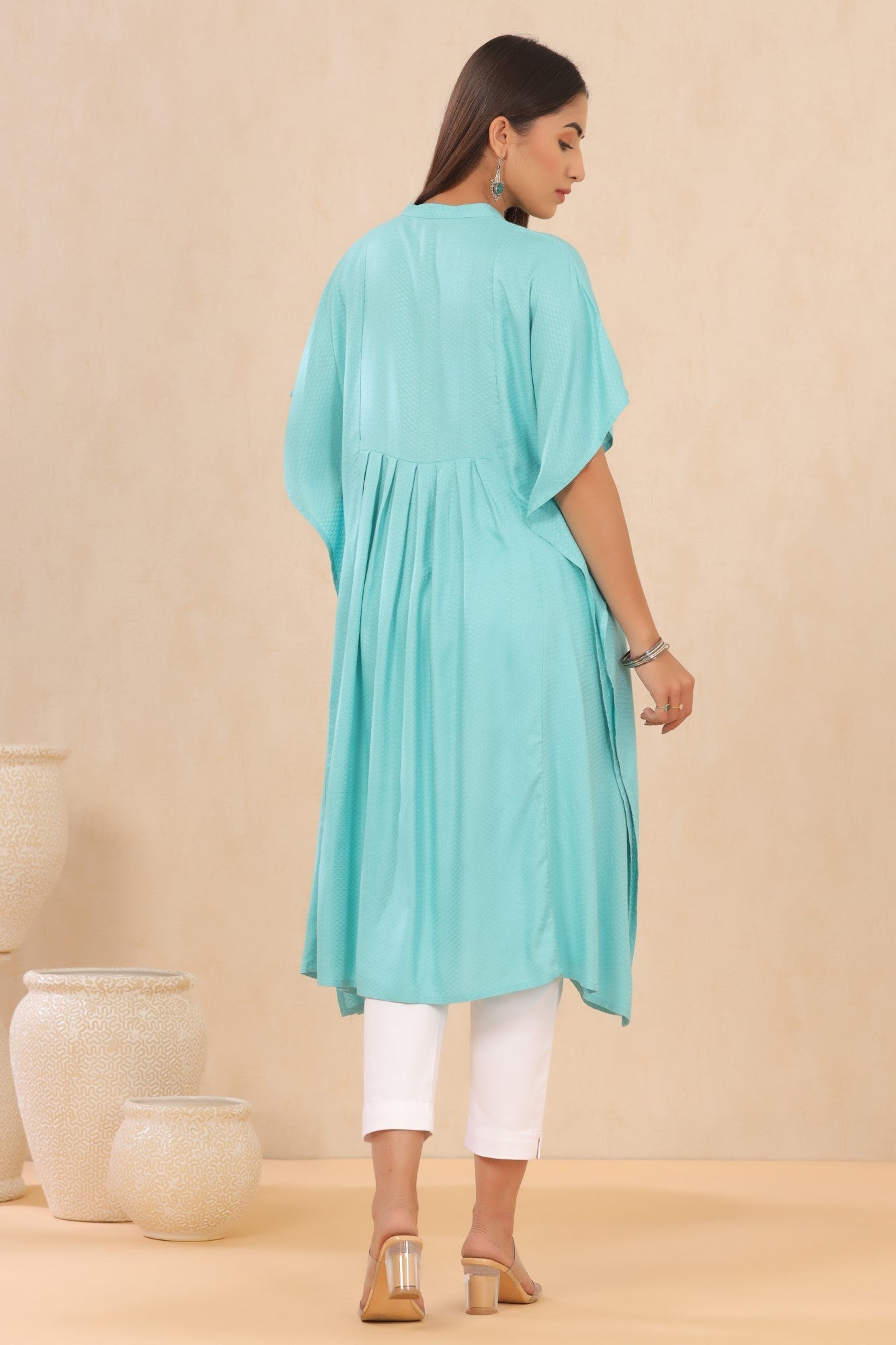Skyblue Rayon Dobby Embroidered Straight Kaftan