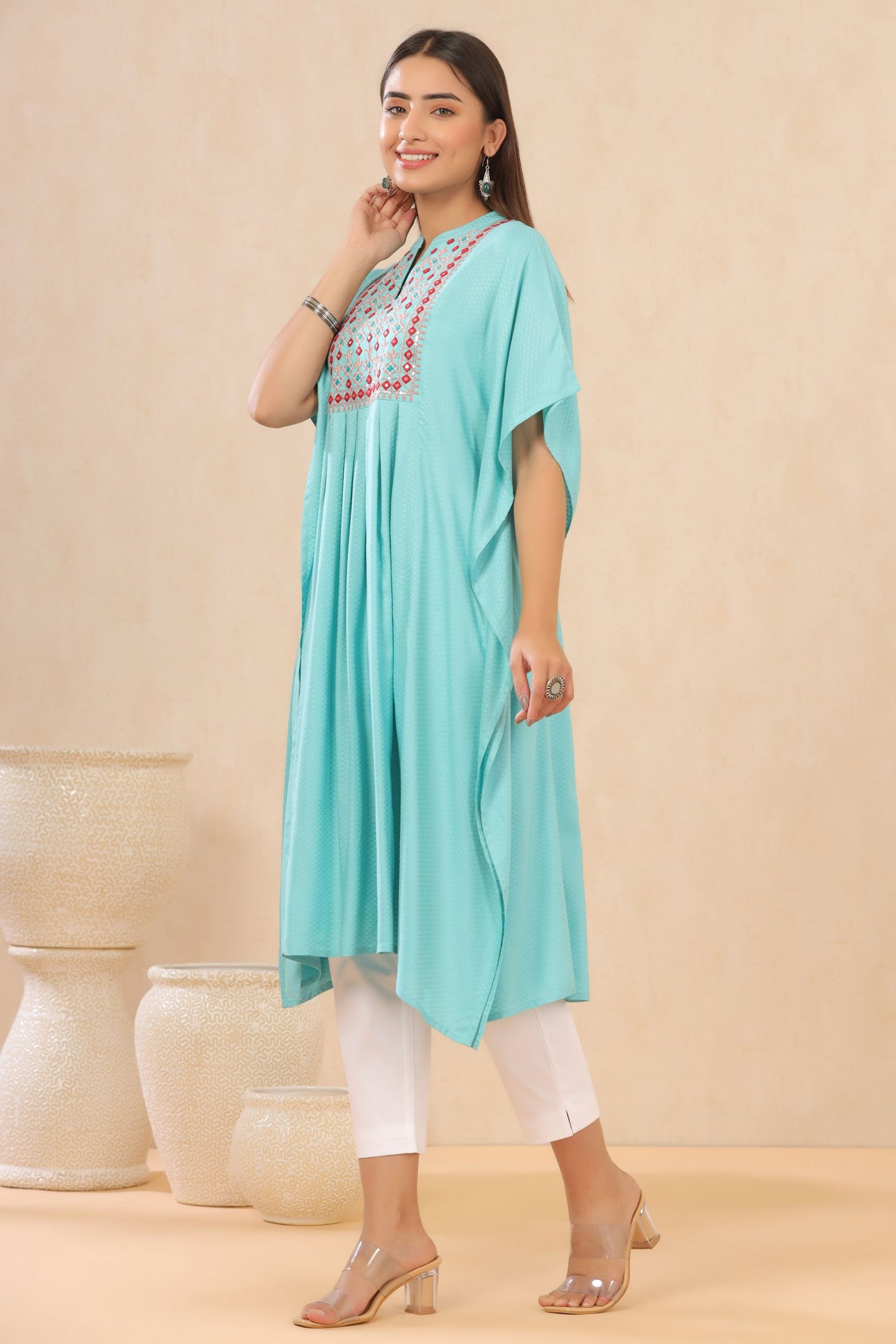 Skyblue Rayon Dobby Embroidered Straight Kaftan