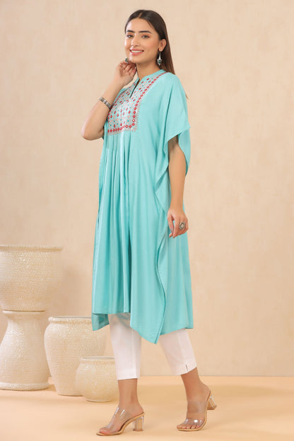 Skyblue Rayon Dobby Embroidered Straight Kaftan