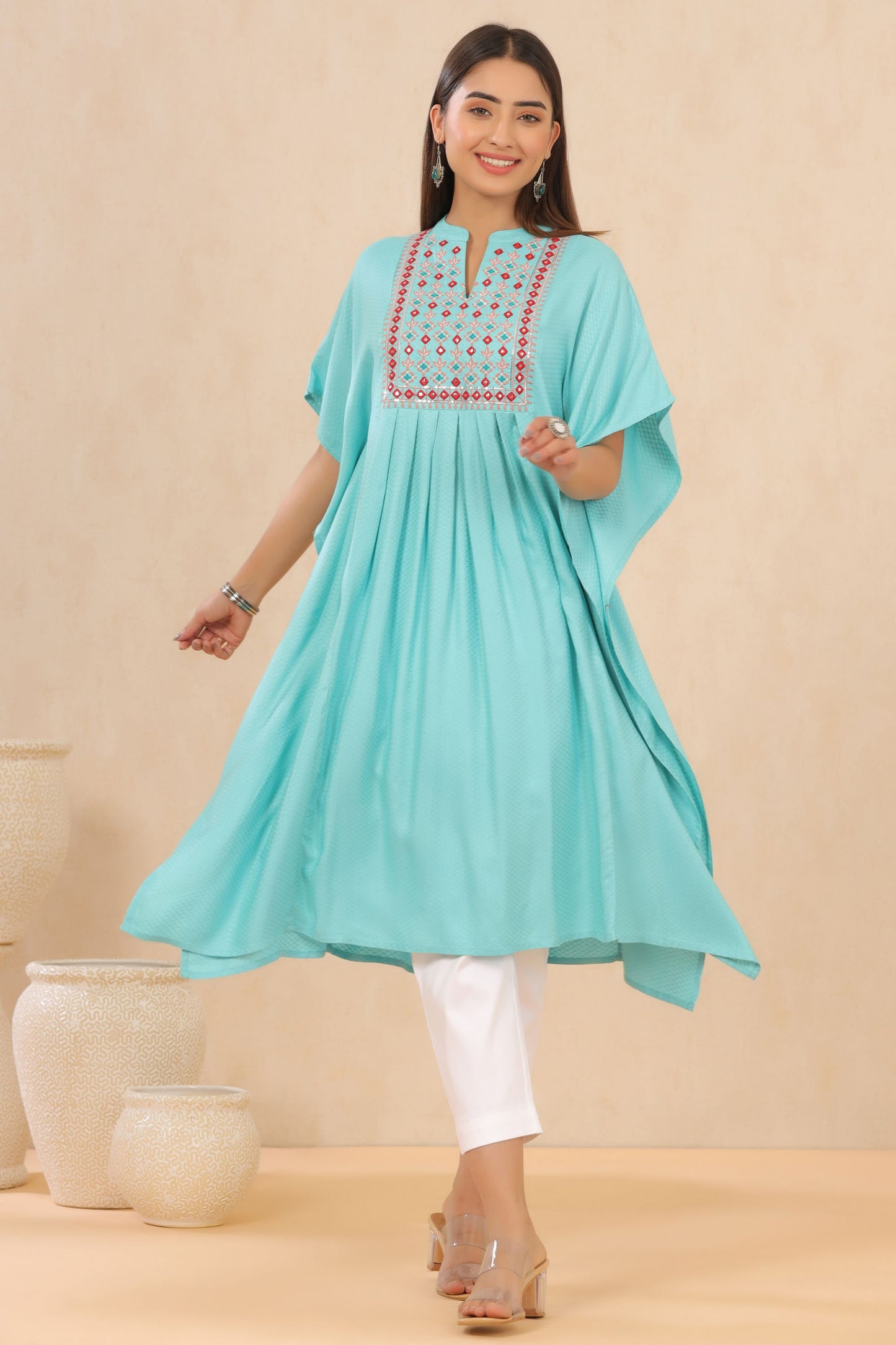 Skyblue Rayon Dobby Embroidered Straight Kaftan