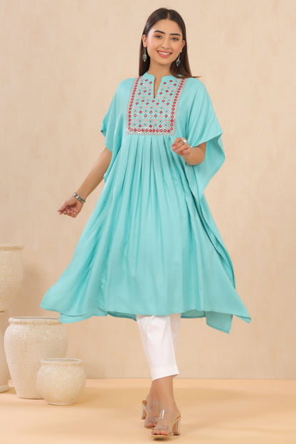 Skyblue Rayon Dobby Embroidered Straight Kaftan