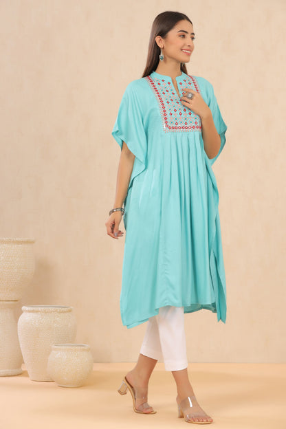 Skyblue Rayon Dobby Embroidered Straight Kaftan