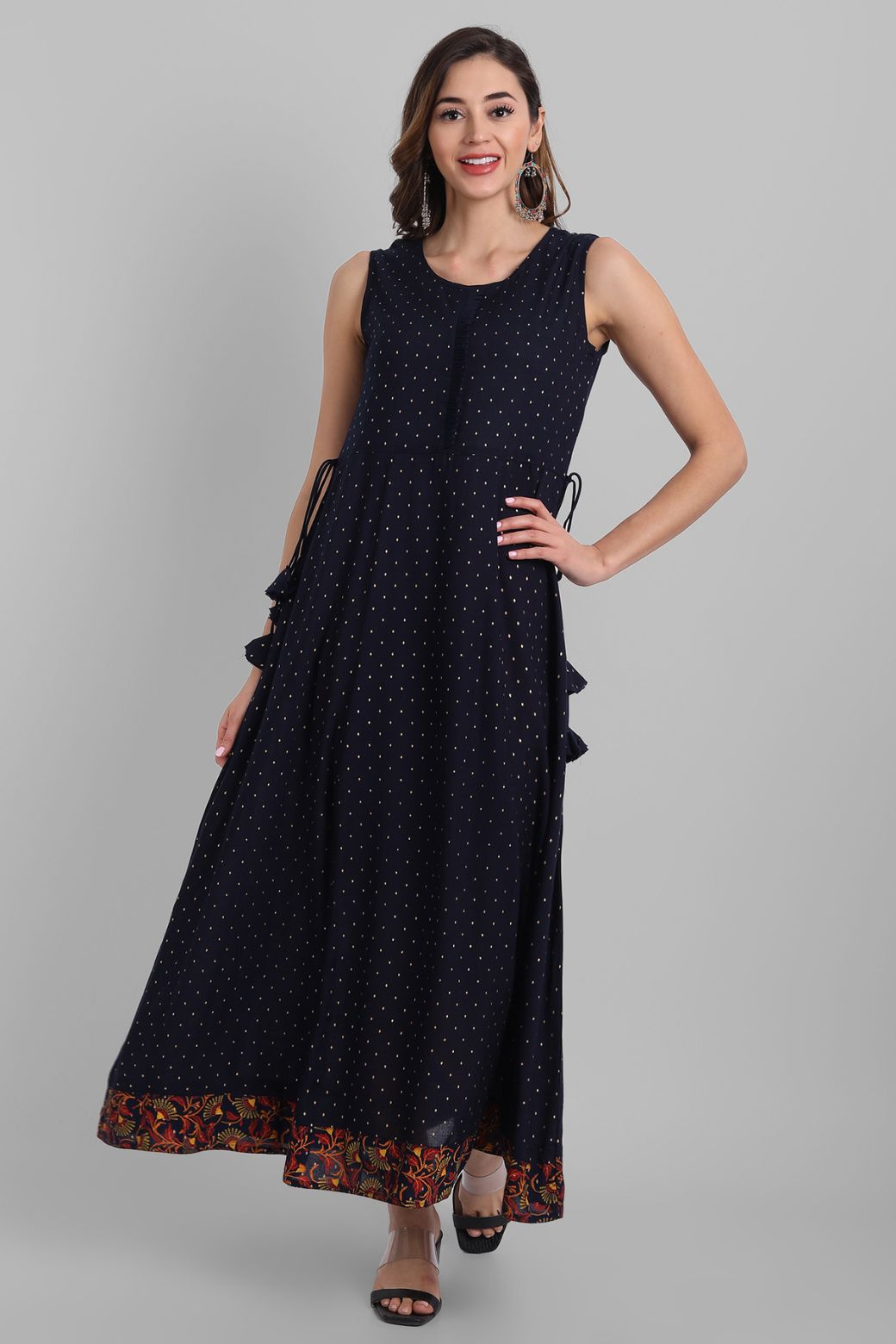 Navy Rayon Printed Flared Dress