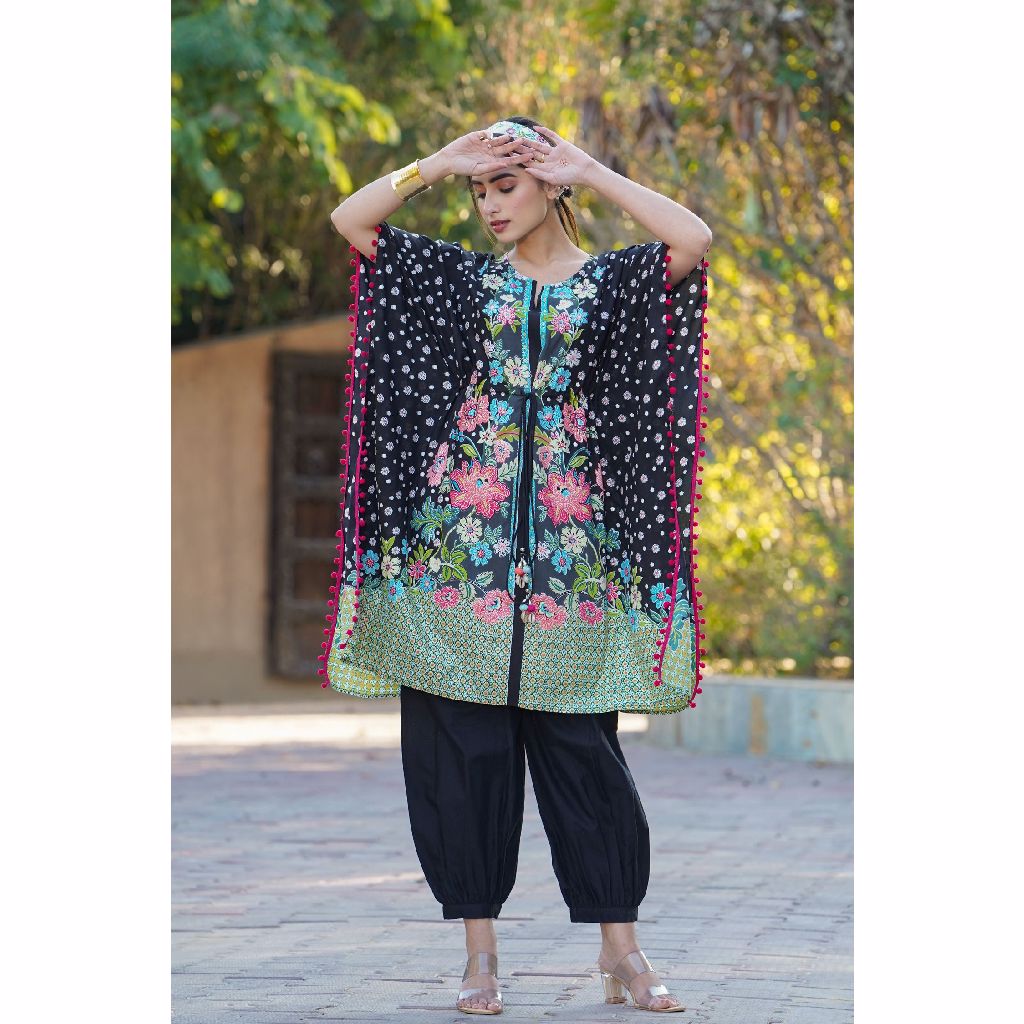 Black Rayon Printed Straight Kaftan