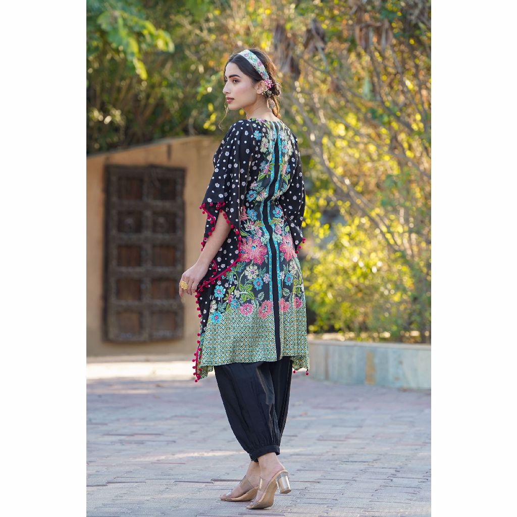 Black Rayon Printed Straight Kaftan