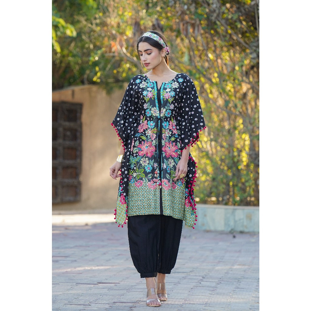 Black Rayon Printed Straight Kaftan