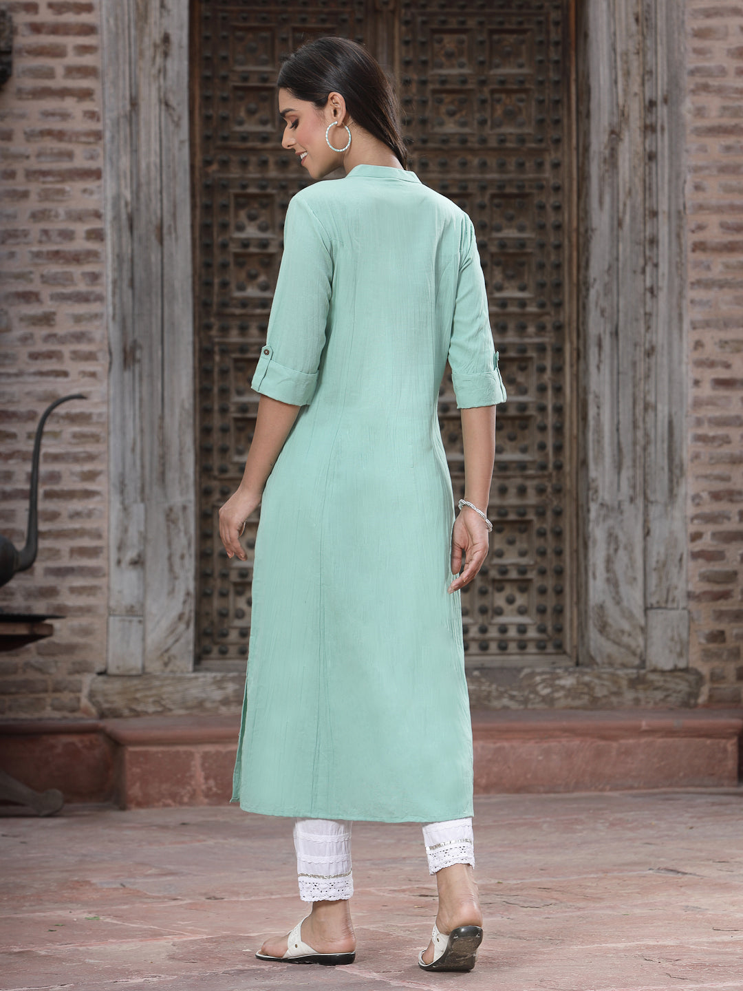 Green Cotton Flex Solid A-Line Kurta