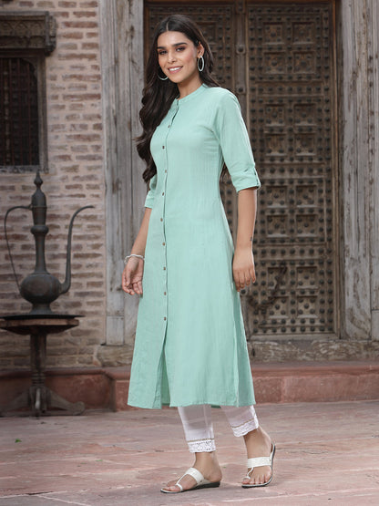 Green Cotton Flex Solid A-Line Kurta