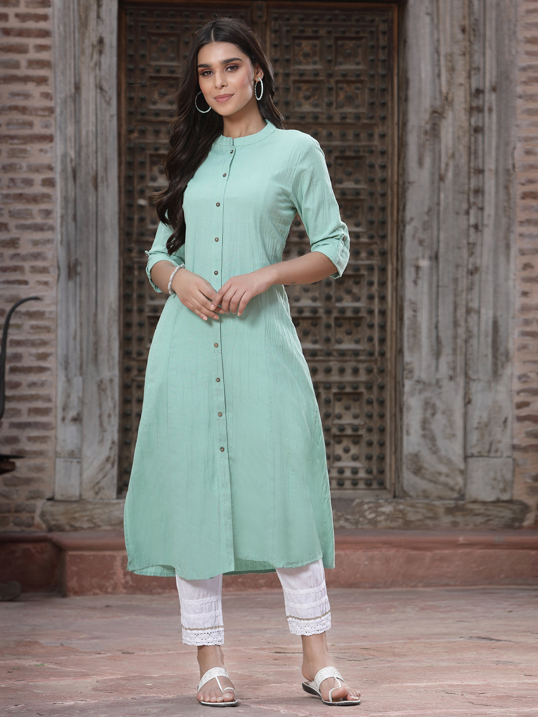 Green Cotton Flex Solid A-Line Kurta