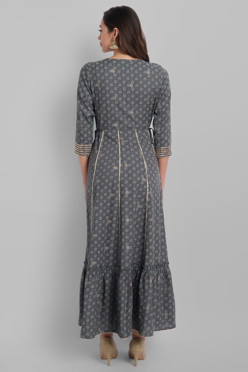 Grey Rayon Festive Wear Embroidered Tiered Long Dress