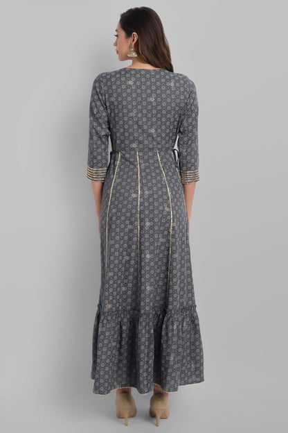 Grey Rayon Festive Wear Embroidered Tiered Long Dress