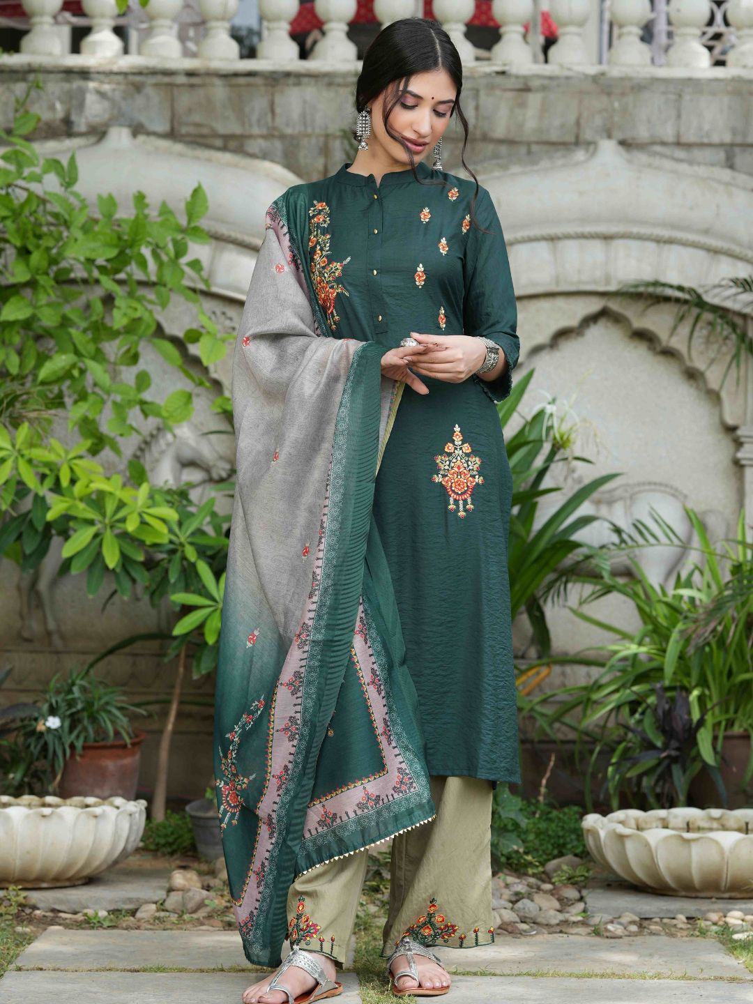 Bottle Green Mono Viscose Festive Wear Embroidered Straight Kurta Pant Dupatta Set