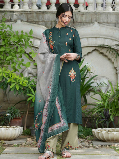 Bottle Green Mono Viscose Festive Wear Embroidered Straight Kurta Pant Dupatta Set