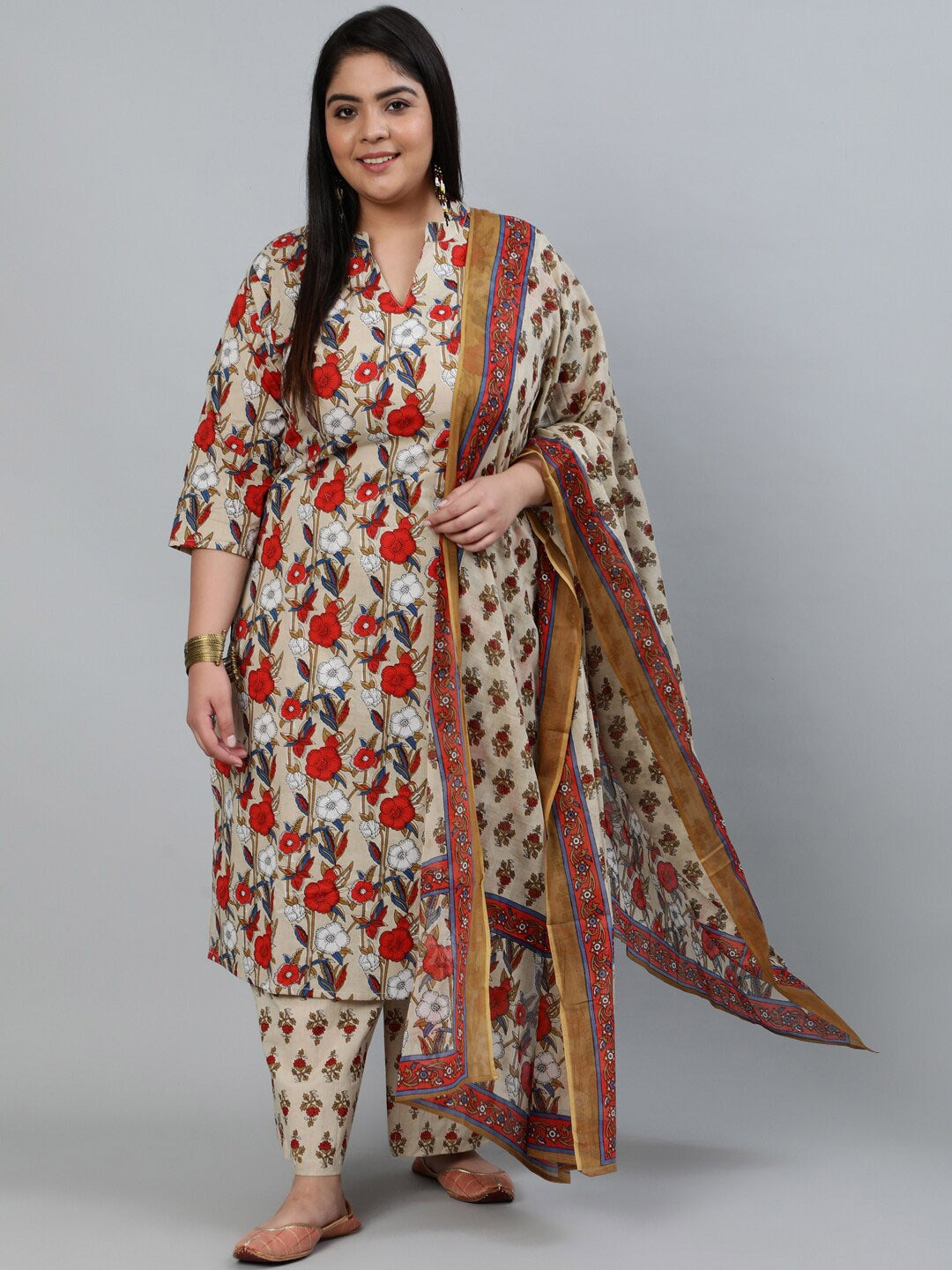 Plus Size Women Cream Printed Straight Kurta With Palazo & Dupatta
