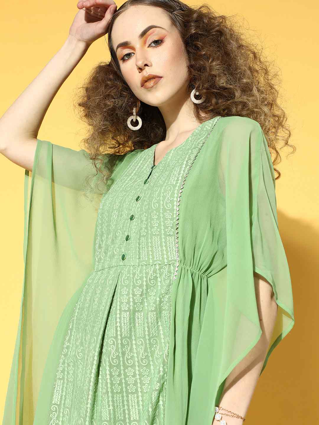 Sagegreen Georgette Embroidered Straight Kaftan