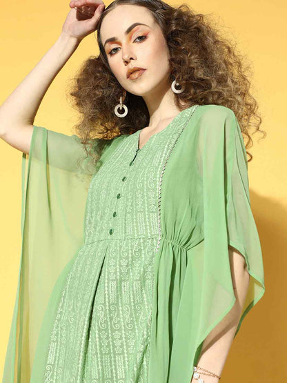 Sagegreen Georgette Embroidered Straight Kaftan