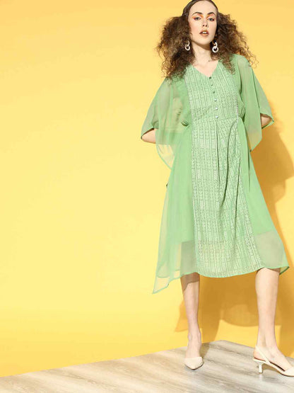 Sagegreen Georgette Embroidered Straight Kaftan