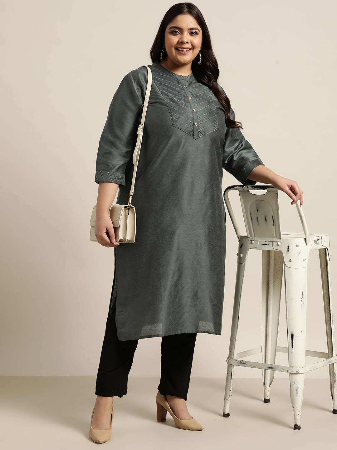 Dark Grey Tussar Silk Festive Wear Solid Straight Kurta