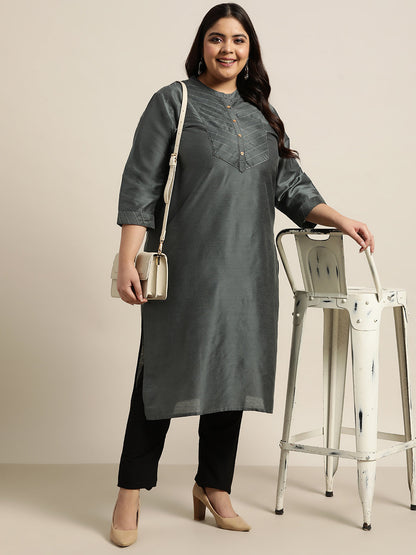 Dark Grey Tussar Silk Festive Wear Solid Straight Kurta