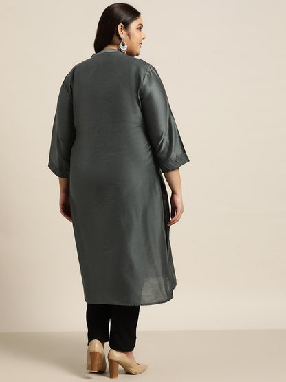 Dark Grey Tussar Silk Festive Wear Solid Straight Kurta