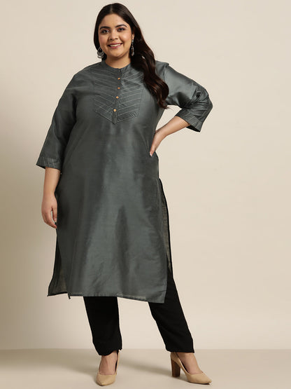 Dark Grey Tussar Silk Festive Wear Solid Straight Kurta