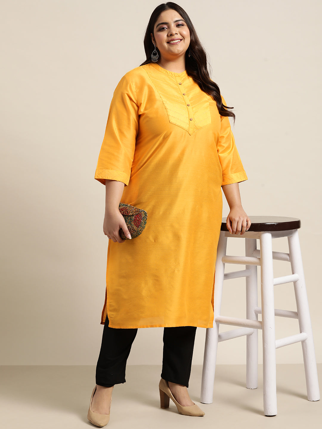 Mustard Tussar Silk Festive Wear Solid Straight Kurta
