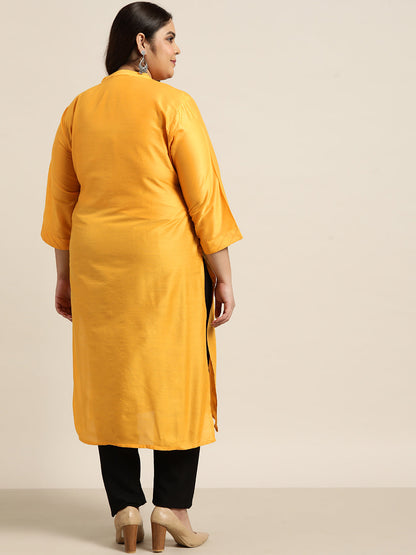 Mustard Tussar Silk Festive Wear Solid Straight Kurta