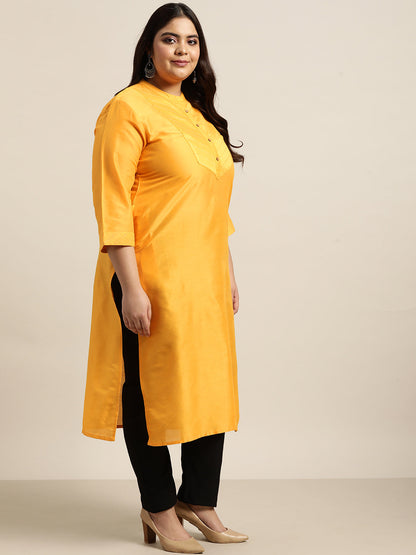 Mustard Tussar Silk Festive Wear Solid Straight Kurta