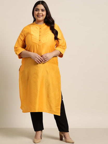 Mustard Tussar Silk Festive Wear Solid Straight Kurta