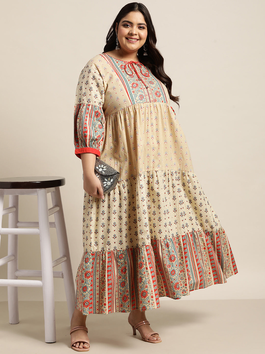 Beige Cambric Casual Wear Printed Tiered Dress