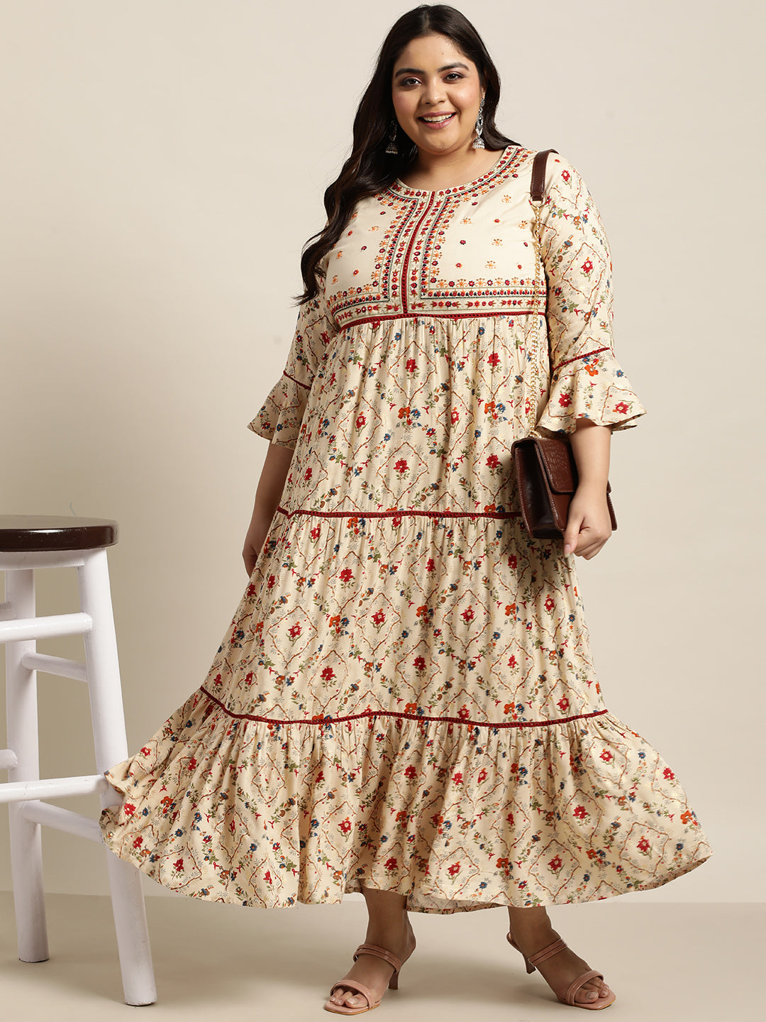 Beige Rayon Festive Wear Embroidered & Printed Tiered Dress