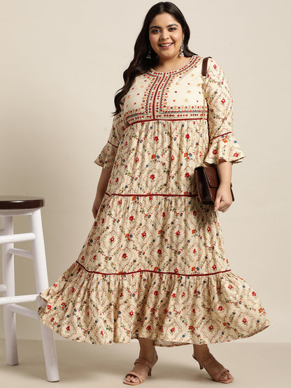 Beige Rayon Festive Wear Embroidered & Printed Tiered Dress