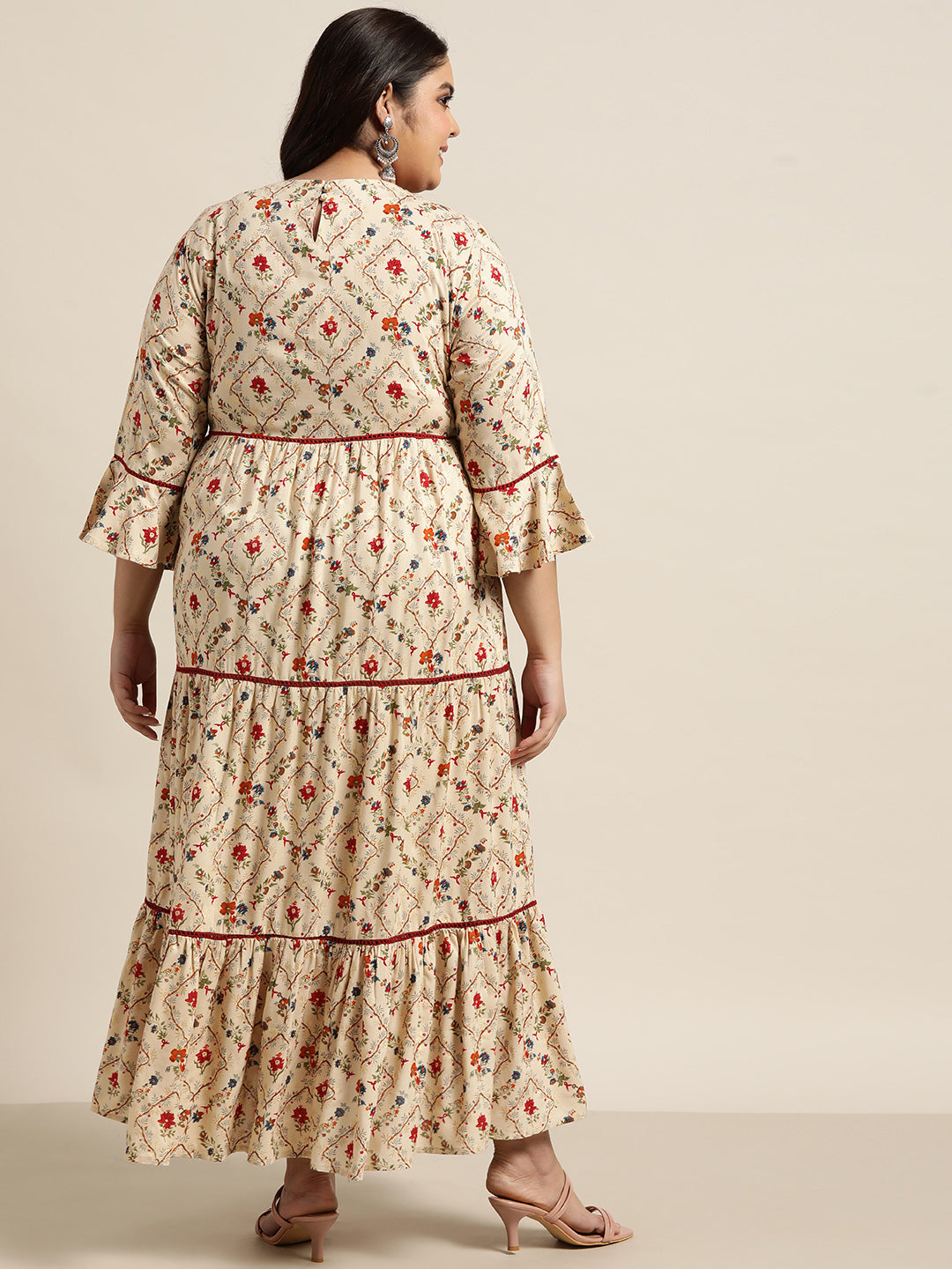Beige Rayon Festive Wear Embroidered & Printed Tiered Dress