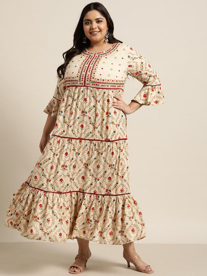Beige Rayon Festive Wear Embroidered & Printed Tiered Dress
