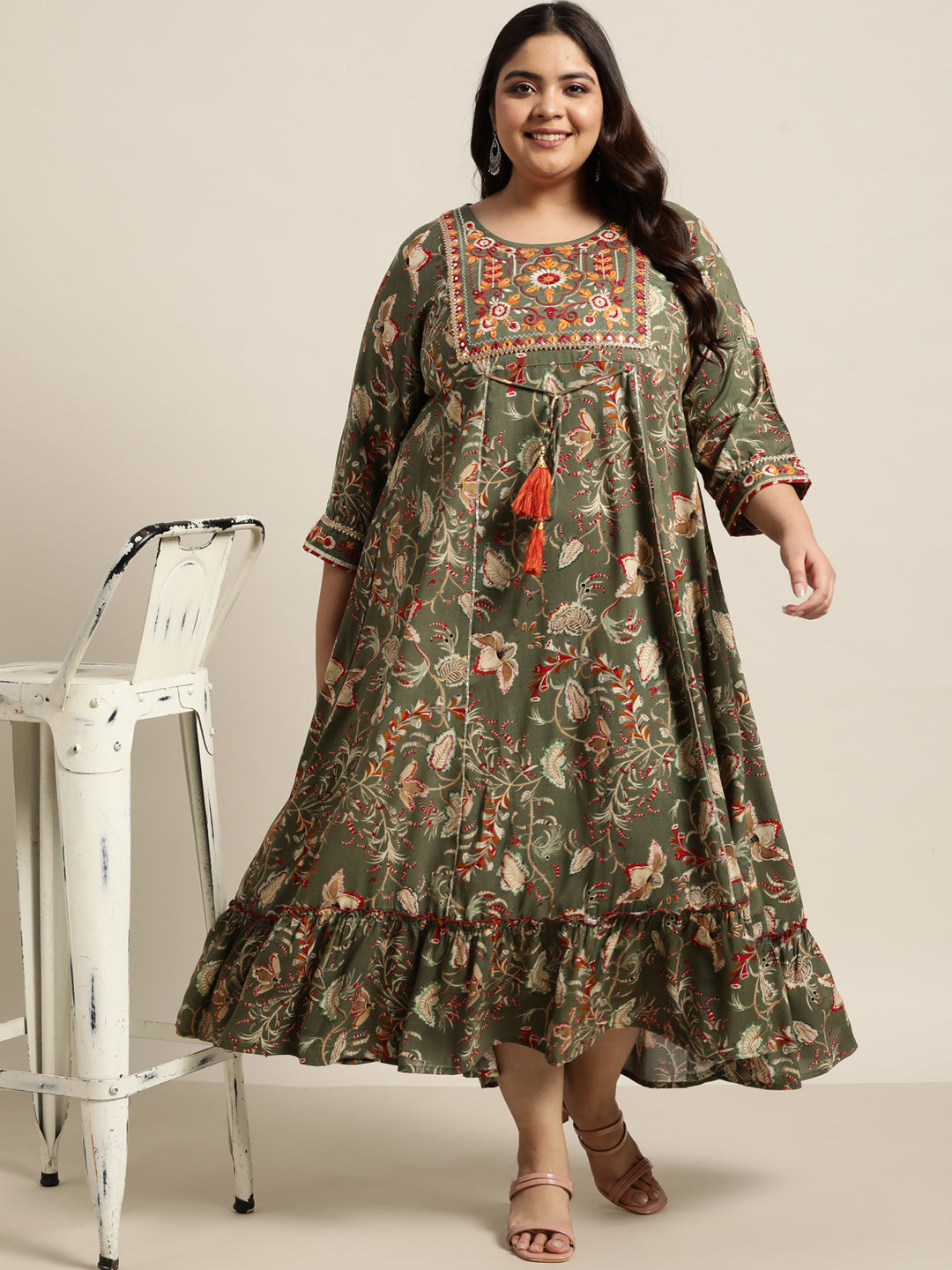 Mehendi Green Rayon Festive Wear Embroidered & Printed Tiered Dress
