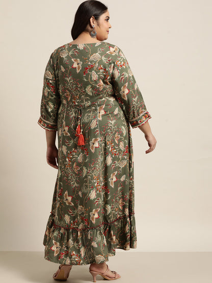 Mehendi Green Rayon Festive Wear Embroidered & Printed Tiered Dress